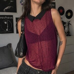 BONGO Star Print Sleeveless Blouse Pink Black Collar XL Sheer Top Y2K